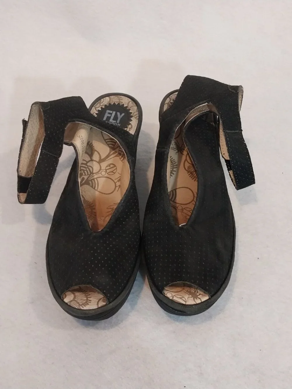 Fly London Yala Sandals Women US 8.5 EU 39 Black Suede Wedge Peep Toe Perforated